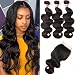 Mureen Brazilian Hair With Closure 8A 3 Bundles Body Wave Virgin Human Hair Bundles With Lace Closure 100% Unprocessed Hair Extensions Natural Black Color (20 22 24 + 18, Free Part)