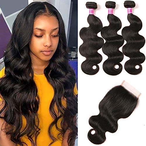 Mureen Brazilian Hair 3 Bundles with Closure Body Wave 4×4 Virgin Hair Lace Closure with Bundles Unprocessed Human Hair Extensions Weave Weft With Closure Natural Color (20 22 24 +18, Free Part)