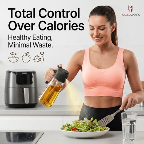Image of H Houseware 2-in-1 Oil Dispenser Bottle and Sprayer | 520ml Kitchen Oil Spray Pump With Pour Spout Glass Bottle | Refillable Leakproof Cooking Sprayer for Healthy Cooking and Salad Making