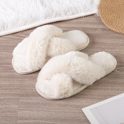 Image of Enteer Women's Slipper Memory Foam Cross Band Fuzzy Slippers Open Toe Cozy House Slippers Cozy Plush Bedroom Indoor Outdoor