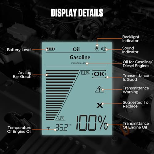 Motorölqualitätstester AS503 Motoröltester für Benzin-Dieselfahrzeuge mit 2,8-Zoll-Bildschirm, hochpräziser Erkennungssonde, Anzeige der Transmissionsöltemperatur