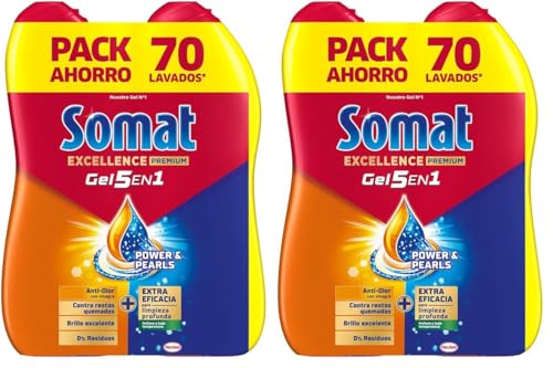 Somat Excellence Duo Gel Frescor Anti-Olor (2x70 lavados), detergente lavavajillas Todo en 1, gel para vajilla apto para ciclos eco y cortos, gel lavavajillas con vinagre (El empaque puede variar)