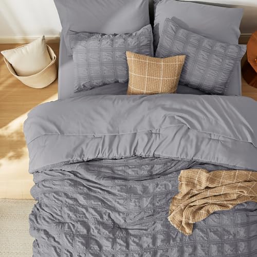 Bedsure Bed in a Bag Twin - 5 Pieces Plaid Seersucker Bedding Comforter Sets, Soft Lightweight Grey Boho Bed Set with Comforters Twin Size, Sheets, Pillowcase & Sham