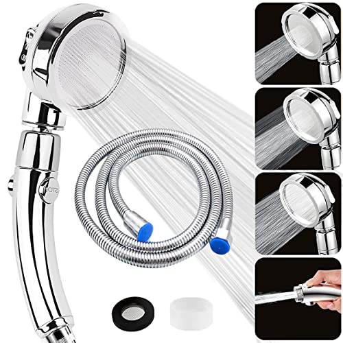 Shower Head and Hose 2m, High Pressure Shower Heads with Stop Button, Universal Handheld Shower with 3 Spray Modes, Water Saving Shower Head 360° Rotating for Adults Children Pets Home, Chrome