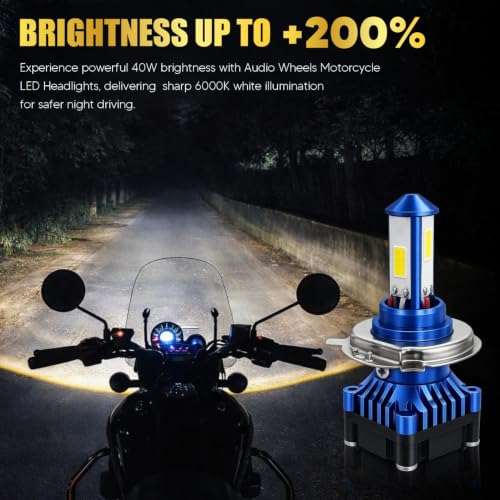 Image of Audio Wheels 40W Motorcycle LED Headlight Bulb H4 H19 - 2000 Lumens 6000K Cool White | IP68 Waterproof | Halogen Replacement | 1-Year Warranty (1 Pack)
