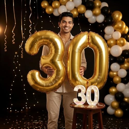 Image of Balloonistics Gold 40-Inch Foil Number 30 Balloon with Matching LED Marquee Light - Combo Set for 30th Birthday, Anniversary, Party Decoration, Photo Booth Backdrop, Cake Table Decor
