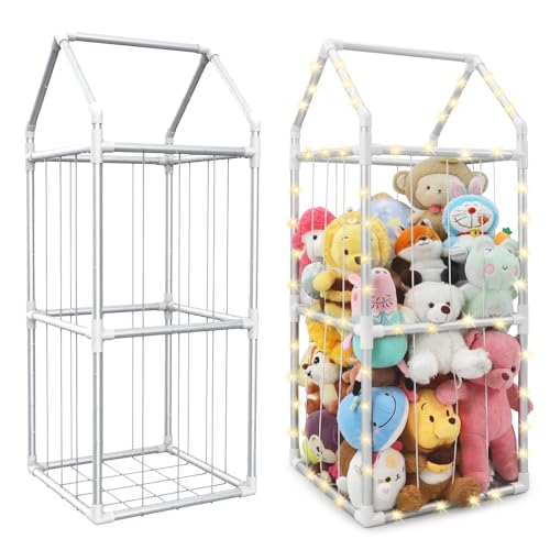 Image of TOPHDY Stuffed Animal Storage Toy Organizer - Stuffed Animal Zoo with Lights - Metal Large Storage Cage for Nursery Playroom Bedroom (White Large)