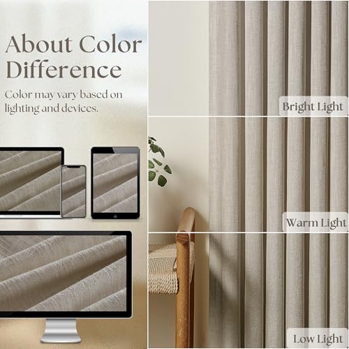 Image of Flax Burlap 90 Inch Pinch Pleated Linen Curtains 2 Panel Set for Living Room Thick Linen Textured Drapes 90 Inches Long Pinch Pleat Drapes Semi Sheer Curtain for Dining Bedroom Office Dark Taupe