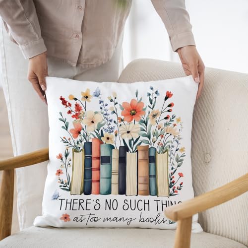 Image of Floral Book Pillow Covers 18x18, Reading Corner Nook Room Decor, Book Lover Gifts, There's No Such Thing As Too Many Books Decorative Throw Pillow Covers for Bedroom Home Library