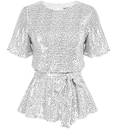 GRACE KARIN Women Sequin Party Cocktails Tops Short Sleeve Crew Neck Elastic Tie Waist Peplum Blo...