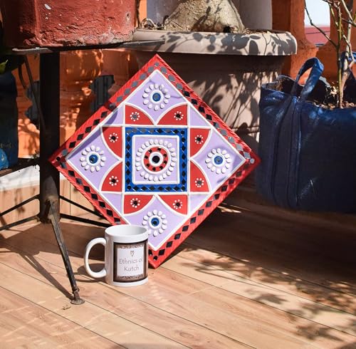 Image of Ethnics of Kutch Traditional Kutch Handicraft Mud-Mirrorwork Lippan Kam Wall Art (Water and Break Resistant) - Square (12 inch x 12 inch) - (Red LKT-0263)