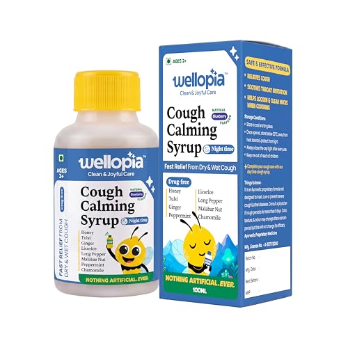 Image of Kids Night-Time Cough Calming Syrup | Honey, Tulsi, Ginger & Peppermint | Soothes Dry & Wet Cough | Drug-Free | Natural Blueberry Flavor | 100ml (Ages 2+)