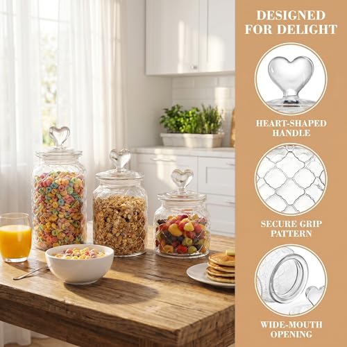 Image of Hiceeden Set of 3 Cute Glass Jars with Airtight Lids, Candy & Cookie Food Storage Containers with Heart-shaped Handle, Glass Canister with Grid Texture for Coffee Beans, Flour, Sugar, 22 /32 /45oz