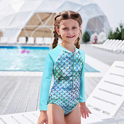 Image of Girls Long Sleeve Rash Guard One Piece Swimsuit Kids UPF 50+ Sun Protection Swimwear Rainbow Striped Bathing Suit 3-14 Years