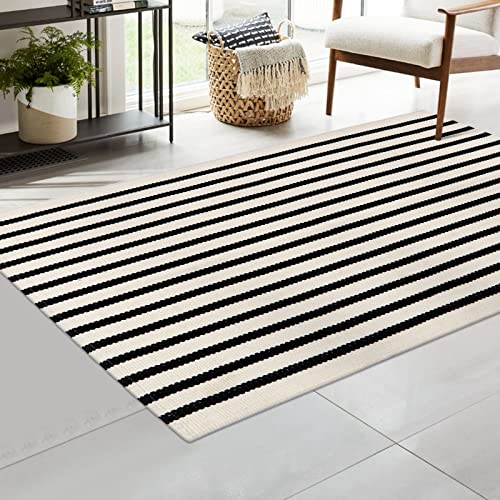 Collive Black And White Rug 3X5, Washable Cotton Woven Area Rug Farmhouse Layered Welcome Door Mat Front Porch Floor Throw Carpet For Kitchen Outdoor Decoration,Black Strips #TOP7