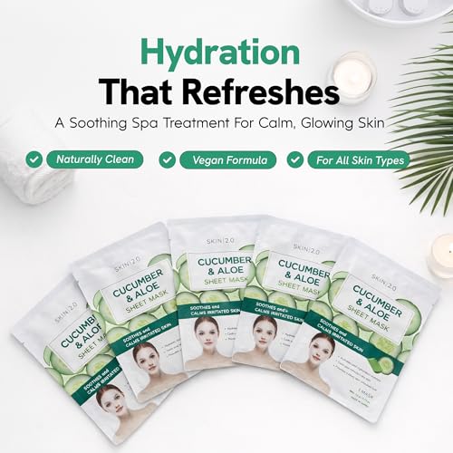 Image of Skin 2.0 Cucumber & Aloe Face Mask - Dermatologist Tested, Anti Aging, Korean Skin Care - Hydrating, Moisturizing, Cooling & Calming For Sensitive, Supple Skin - Vegan, Clean Beauty - 5 Count