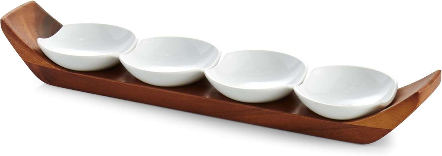 Nambé Quatro Snack & Serve Set – 21” Acacia Wood Tray with 4 Porcelain Bowls for Appetizers, Nuts & Dips – Modern Tableware for Dining & Entertaining, Durable, Stylish & Functional Serveware