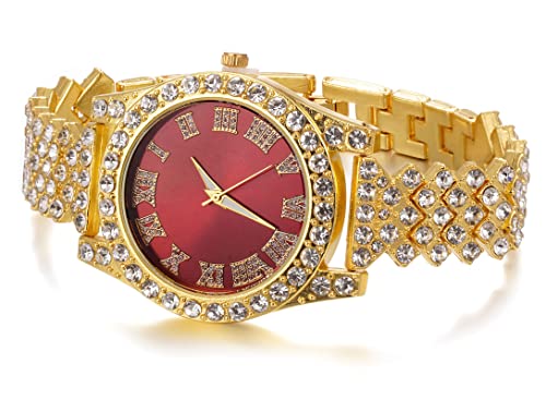 Image of Halukakah Diamonds Gold Watch Iced Out, Kid's 18K Real Gold /Platinum White Gold Plated 36MM Width Green /Blue /Red Dial Quartz Wristband 8 inch with Cuban Link Chain 7 inch+16 inch Bracelet, Free Giftbox