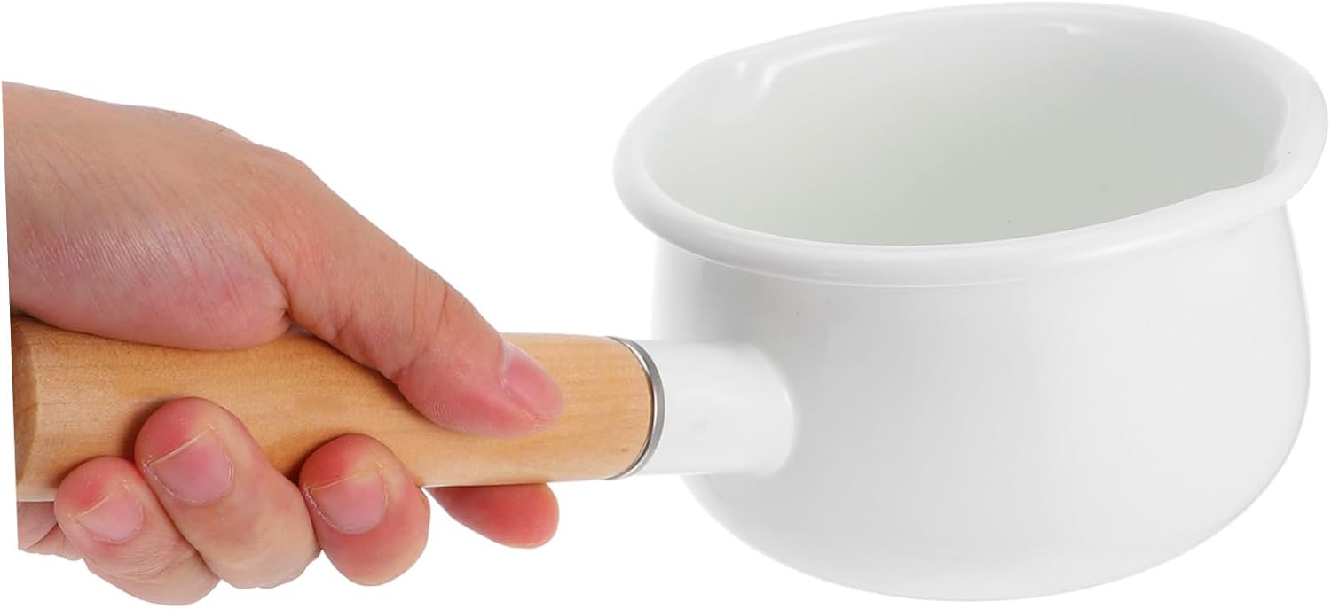 Enamel Saucepan Wooden Handle 1-Piece Small Milk Pot for Baby Food Household Stockpot Non-Toxic Enamel Cookware Suitable for Cooking Soups and Baby Meals