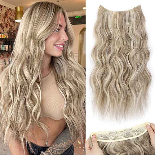 NANNAN Invisible Wire Hair Extensions with 4 Secure Clips Transparent Headband Adjustable Size Long Wavy Synthetic Hairpieces for Women (20 inch, Ash Brown mix Platinum Blonde)
