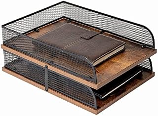 Set of 2 Vintage Wood & Metal Letter TrayDesk Organizers Paper TrayOffice File Organizer(Black)