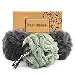 myHomeBody Large 70g Loofah Sponge, Bath Body Scrubber for Women, Men, Exfoliating Shower Pouf with Activated Charcoal - 2 Graphite Gray + 1 Sage Green, 3 Pack
