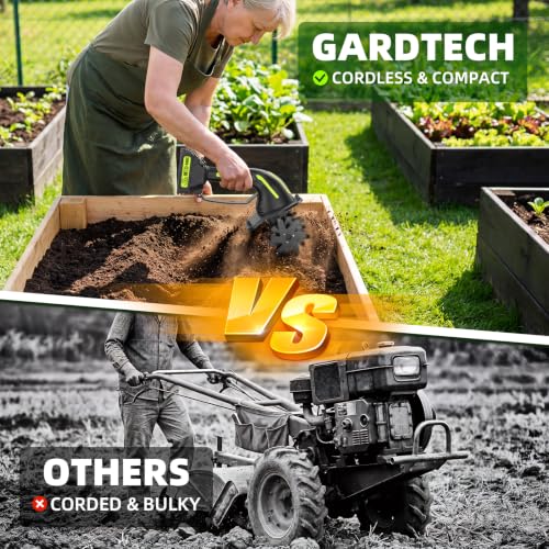 GARDTECH Cordless Tiller Cultivator, 235RPM Electric Hand Tiller with 2.0Ah Battery, 4" Tilling Width & Depth, Powerful Mini Garden Tiller for Gardening, Raised Bed & Soil Loosening by Gardtech - Used condition - Image 6