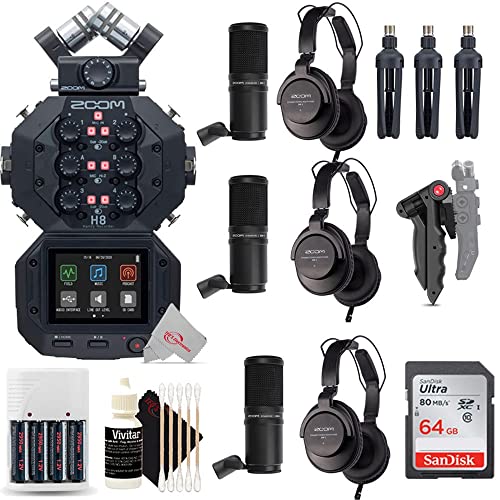 Zoom H8 8-Input / 12-Track Digital Handy Audio Recorder + Three Zoom Zdm-1 Podcast Mic Pack Accessory Bundle + Accessory Kit #TOP6