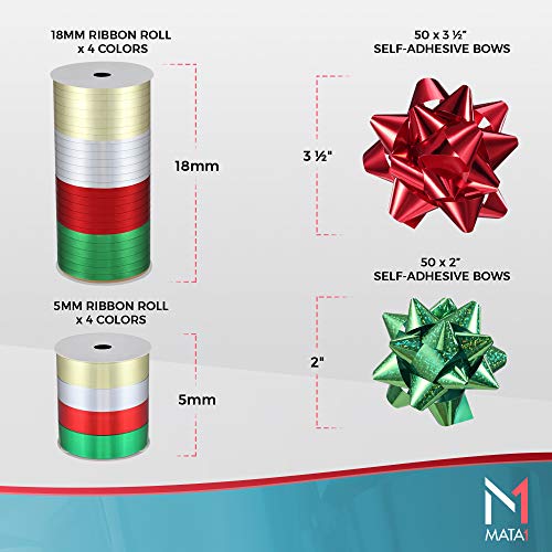Mata1 Gift Bows Boxed Set Mixed Colors & Mixed Sizes 100 pc + 2 Rolls of Ribbon (4 Colors, 2 Sizes), Holiday & All Occasion Bows & Ribbons - Value Set