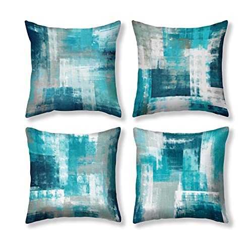 KALAWA Teal Throw Pillow Covers Set of 4 Turquoise and Grey Art Artwork Decorative Pillow Covers Modern Throw Pillow Covers Double-Sided Pattern Sofa Cushion Covers for Living Room Bedroom18X18