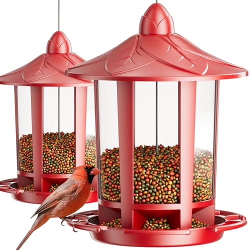 Birdream 2 Pack Bird Feeders for Outdoor Hanging, Classic Castle Design Fun Assembly Bird Feeder, Attracting Wild Birds Cardinals Goldfinches Chickadees Finches Sparrows - Red