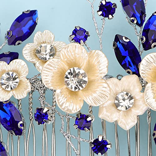 Teyglen Rhinestone Flower Bride Wedding Hair Comb Headband Red Blue Black Crystal Hair Pieces Headpieces Handmade Hair Accessories Bridal Side Hair Combs For Women Bride Girls (Silver-Royal Blue) #TOP5