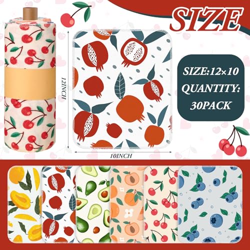 Image of Redbaker 30 Pcs Reusable Paper Towels Rolls Towels Bulk Kitchen Washable Paperless Cloth Cotton Hand Napkins with Cardboard Reusable Napkins for Kitchen Bathroom (Fruit Design)