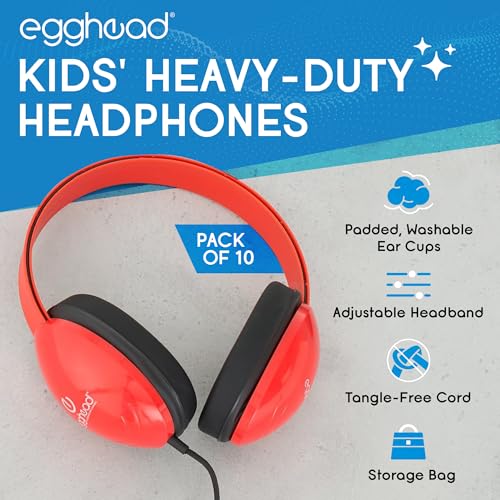 Image of Egghead Heavy-Duty Kids' Headphones with Padded Ear Cups and 6' Cord, Adjustable Tangle-Free Plastic Classroom Headphones for Kids, Pack of 10, Red