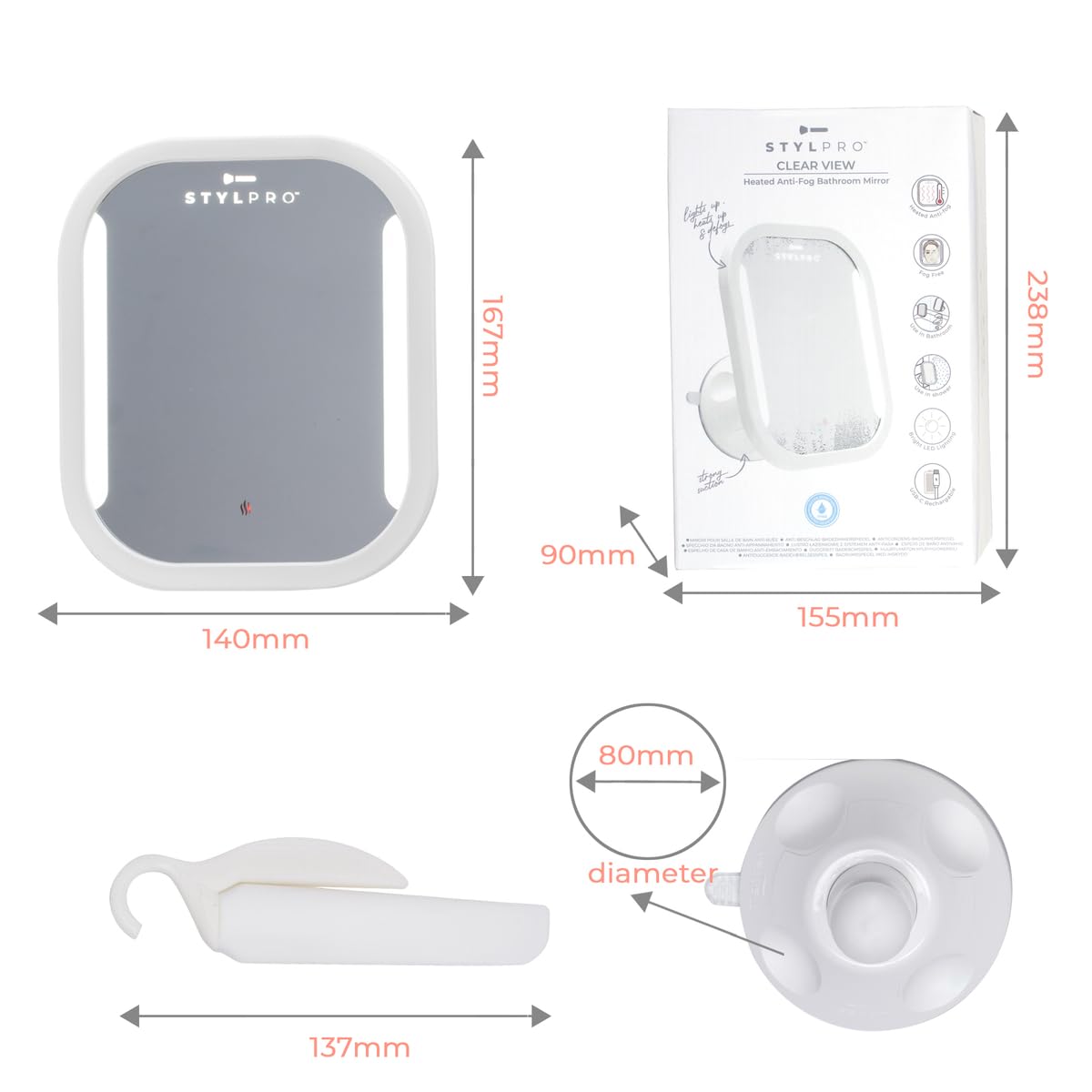 STYLPRO Espejo de baño antivaho: calefaccionado, iluminación LED, succión Segura, escobilla de Goma incluida. Hace Que Afeitar, Limpiar y Lavar en la Ducha Sea fácil. Resistente al Agua, Recargable,