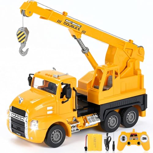 DOUBLE E Mack Licensed RC Crane Truck, 2.4GHz Remote Control Construction Toy with LED Lights, Rechargeable, Birthday Gift for Boys 6-14