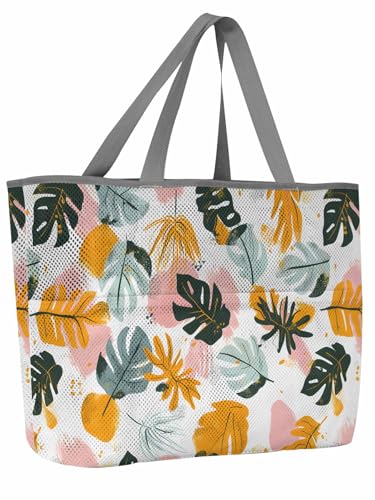 Beach Bags Women Mesh Tote Bag Farmhouse Colorful Tropical Leaf Toy Grocery Pool Bag with Pockets for Travel/Picnic/Shower