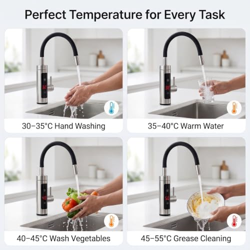 Image of Stainless Steel Thermostat Instant Water Heating Faucet with Touch Control Panel Tap with Adjustable Water Flow & Temperature Modern Sink Tap with Flexible Spout for Kitchen Basin
