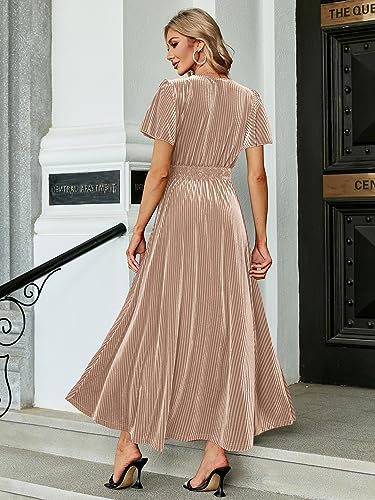 Image of Simplee Women's V Neck Velvet Maxi Dress Short Sleeve Empire Waist Long Formal Dress for Wedding Guest