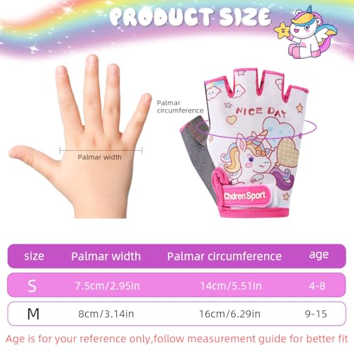 Image of PROBEROS Fingerless Riding Gloves for Kids Teen Girls Unicorn Skating Anti-Slip Padded Palm Design Breathable Sweat-Absorption Outdoor Sport Gloves, Size-S