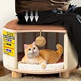 Solid Wood Cats House Stool, 300-lb Capacity. Large Cat Bed Cave for Indoor Cats & Humans. Cat Toy Ball, Removable Scratching Pad, Fleece Blanket. Suitable for Pets Under 20 lbs. 15.7"x15.7"x10.6"