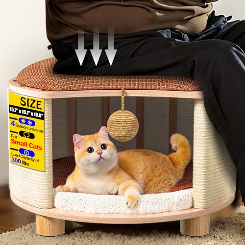 Solid Wood Cats House Stool, 300-lb Capacity. Large Cat Bed Cave for Indoor Cats & Humans. Cat Toy Ball, Removable Scratching Pad, Fleece Blanket. Suitable for Pets Under 20 lbs. 15.7"x15.7"x10.6"