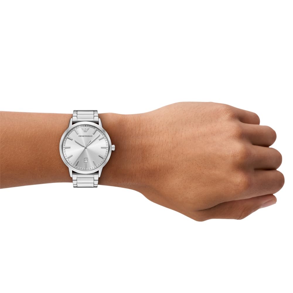 Emporio Armani Orologio per uomo, Movimento al quarzo con data a tre lancette e cassa da 43 mm con cinturino in acciaio