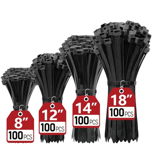 Zip Ties Assorted Sizes(8', 12', 14', 18')- 400 Pack, Zip Ties Heavy Duty with 120 lb Tensile...