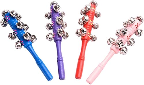 4 campanas de trineo de mano, campanas de cascabel de mano, campanas de cascabel de madera, palillo de cascabel, sonajero, instrumento musical,