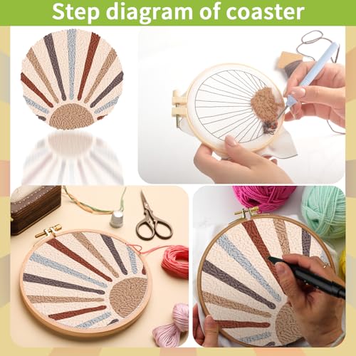 Image of Punch Needle Coasters Kit, Punch Needle Embroidery Kit for Beginners and Adults Car Coasters DIY Rug Drink Coasters with Adhesive Felt Yarns Hoop Tools DIY Needle Punch Craft (A2-Boho) (Boho-6 Sets)