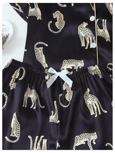 Image of SHENHE Women's 2 Piece Satin Pajama Set Leopard Short Sleeve Button Down Pj Shorts Set Black Small