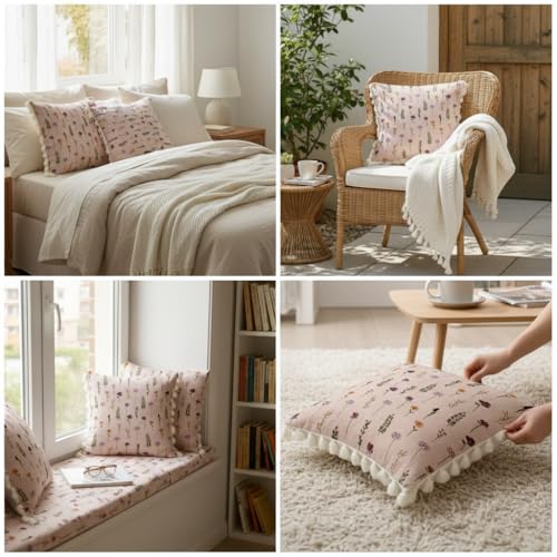 Image of STITCHNEST 'Little Meadow Series' Tassled Cushion Cover | Set of 2 | Floral Cushion Cover 16 inch x 16 inch