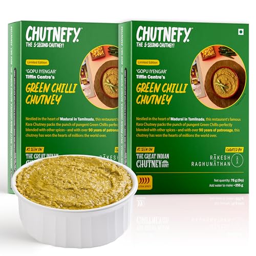 Image of CHUTNEFY|Green Chilli (Mirchi /Pacha Milagai) Chutney|Curated by MasterChef India's Rakesh Raghunathan|100% Natural Ingredients|Pack of 2*75gms (Dry)|Add Water to Make 225ml|4-5 Servings Per Pack