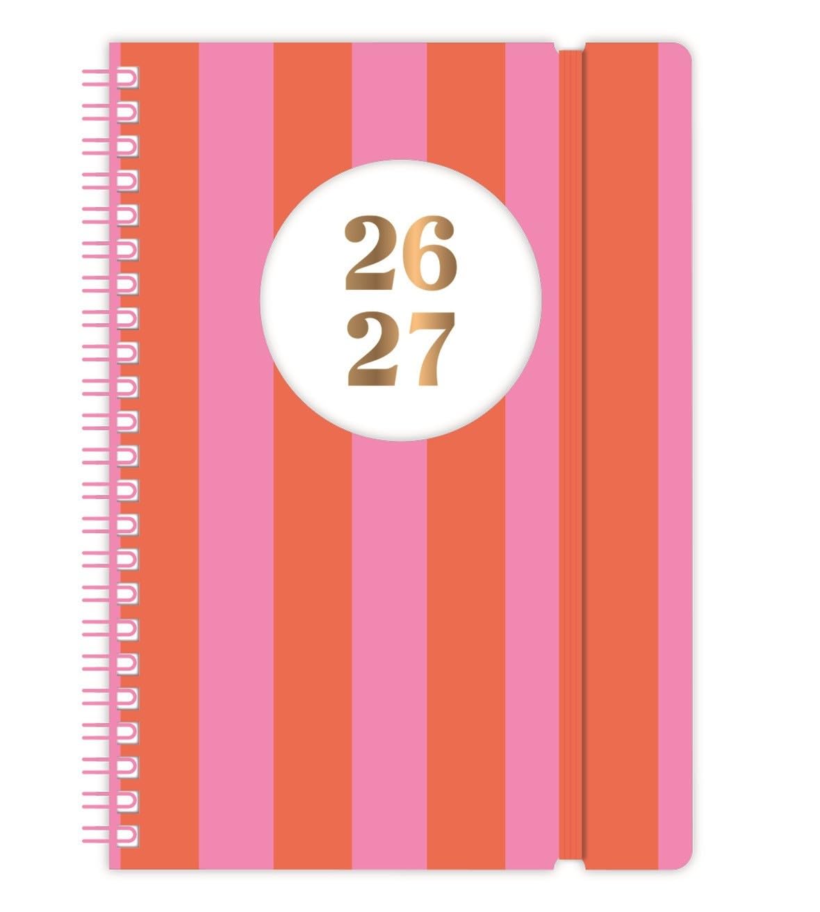 Academic Diary 2026–2027 A5 Day a Page Mid-Year Planner Spiral Bound with Elastic Closure – Student Teacher Organiser Runs July 2026 to August 2027 (Pink & Red Stripes)